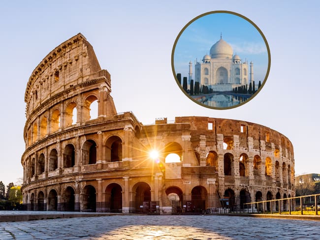 Coliseo Romano en Italia y de fondo el Taj Mahal en India (Fotos vía Getty Images)