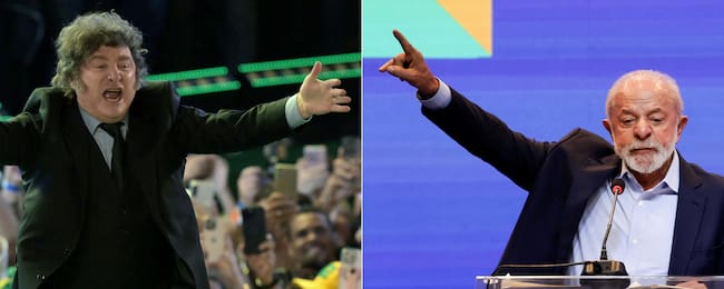 (COMBO) Esta combinación de imágenes, creada el 26 de julio de 2026, muestra al presidente argentino Javier Milei (izq.) durante el lanzamiento de la candidatura del aspirante presidencial de derecha brasileño Flavio Bolsonaro en la convención del Partido Liberal, en São Paulo, Brasil, el 25 de julio de 2026; y al presidente brasileño Luiz Inácio Lula da Silva durante su participación en la Conferencia Nacional de Derechos Humanos, en Brasilia, el 12 de diciembre de 2025. Brasil llamó a consultas a su embajador en Argentina el 26 de julio de 2026, tras los "insultos" proferidos por el presidente Javier Milei en un acto de apoyo al candidato presidencial de derecha brasileño Flavio Bolsonaro, donde se refirió al presidente Luiz Inácio Lula da Silva como "convicto" y "ladrón", y al magistrado del Tribunal Supremo brasileño Alexandre de Moraes como "basura calva", sin mencionarlos explícitamente. (Foto de Nelson ALMEIDA y Sergio Lima / AFP)