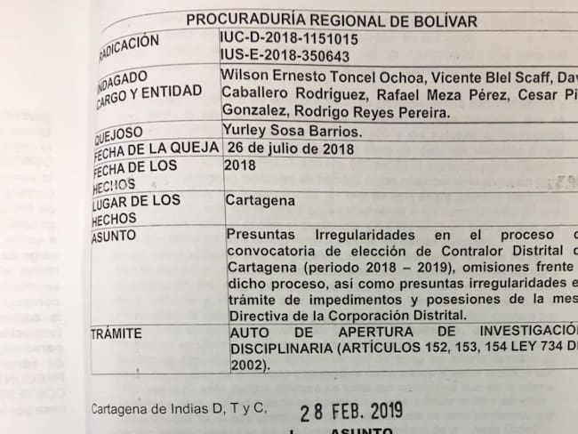 Abren investigación disciplinaria contra seis concejales de Cartagena