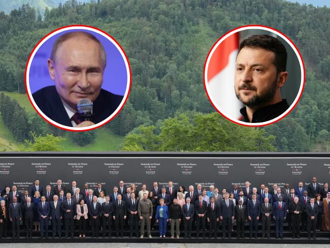 Foto familiar de los 100 asistentes a Suiza para participar de la Cumbre de Paz en Ucrania con la que se estableció una hoja de ruta que busca acercar posiciones entre los presidentes de Rusia, Vladimir Putin (i) y de Ucrania, Volodimir Zelenski (d). 
(Foto: Caracol Radio / Getty )