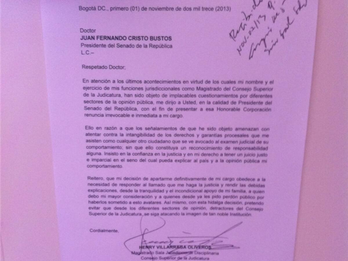 Carta de renuncia del magistrado Henry Villarraga