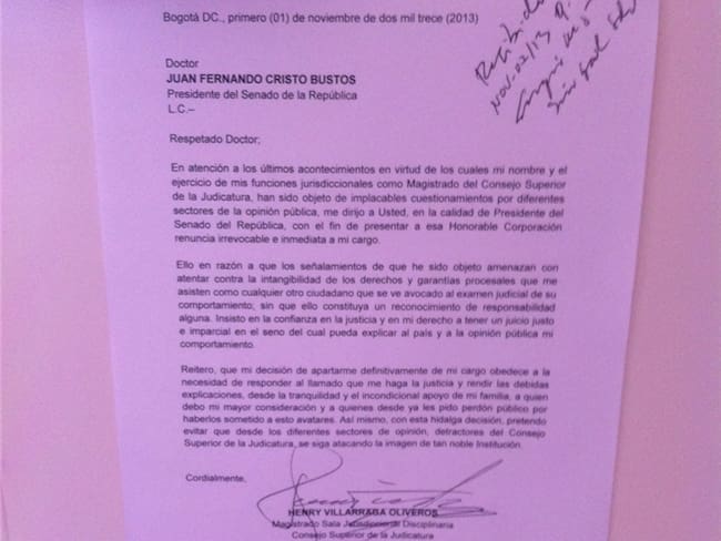 Carta de renuncia del magistrado Henry Villarraga