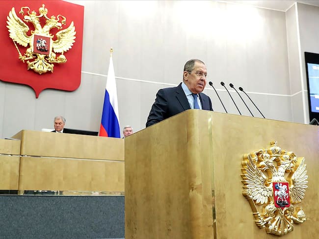 MOSCOW (Russian Federation), 19/02/2025.- A handout photo made available by the State Duma Press Service shows Russian Foreign Minister Sergey Lavrov delivering his report on the priorities of Russia's foreign policy during a plenary session of the State Duma, the lower house of the Russian Parliament, in Moscow, Russia, 19 February 2025. (Rusia, Moscú) EFE/EPA/RUSSIAN STATE DUMA PRESS SERVICE HANDOUT HANDOUT EDITORIAL USE ONLY/NO SALES
