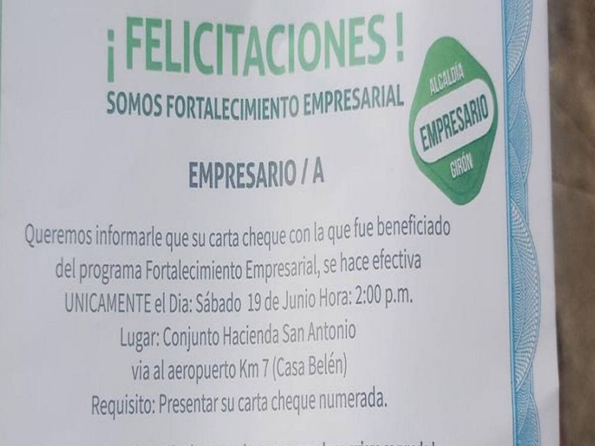 Polémica por cartas cheques en Girón, previo a las elecciones