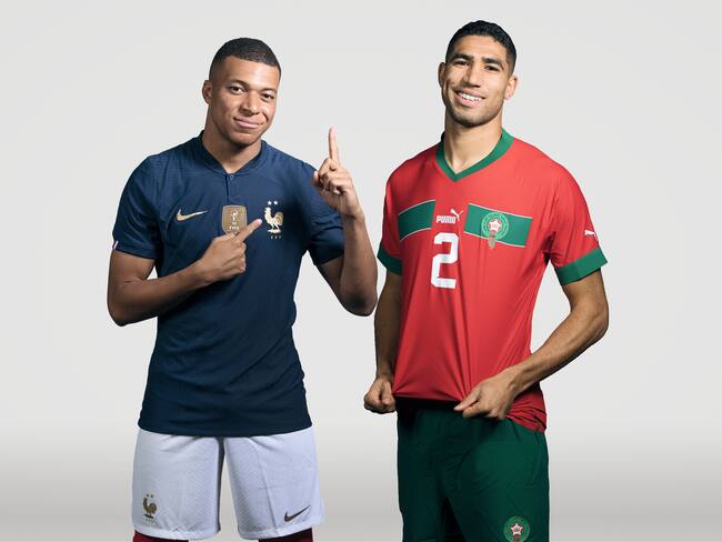 (EDITORS NOTE: THIS IMAGE HAS BEEN RETOUCHED) In this composite image, a comparison has been made between (L-R) Kylian Mbappe of France and Achraf Hakimi of Morocco, who are posing during the official FIFA World Cup 2022 portrait sessions. France and Morocco meet in one of the semi finals of the FIFA World Cup Qatar 2022. (Photo by FIFA/FIFA via Getty Images)