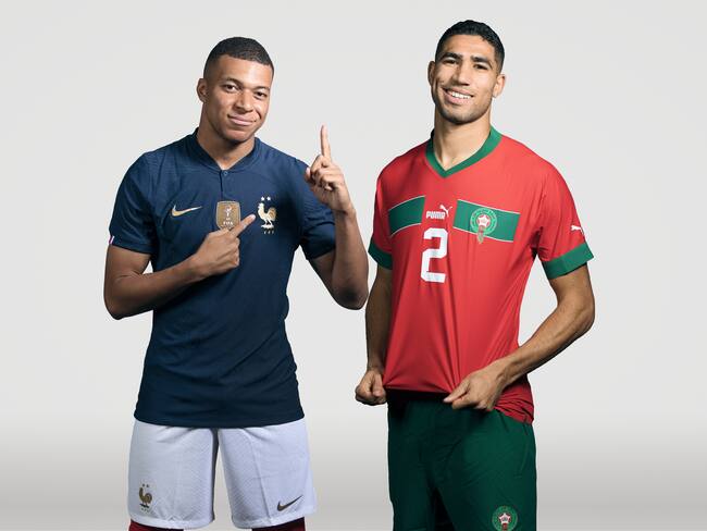 (EDITORS NOTE: THIS IMAGE HAS BEEN RETOUCHED) In this composite image, a comparison has been made between (L-R) Kylian Mbappe of France and Achraf Hakimi of Morocco, who are posing during the official FIFA World Cup 2022 portrait sessions. France and Morocco meet in one of the semi finals of the FIFA World Cup Qatar 2022. (Photo by FIFA/FIFA via Getty Images)