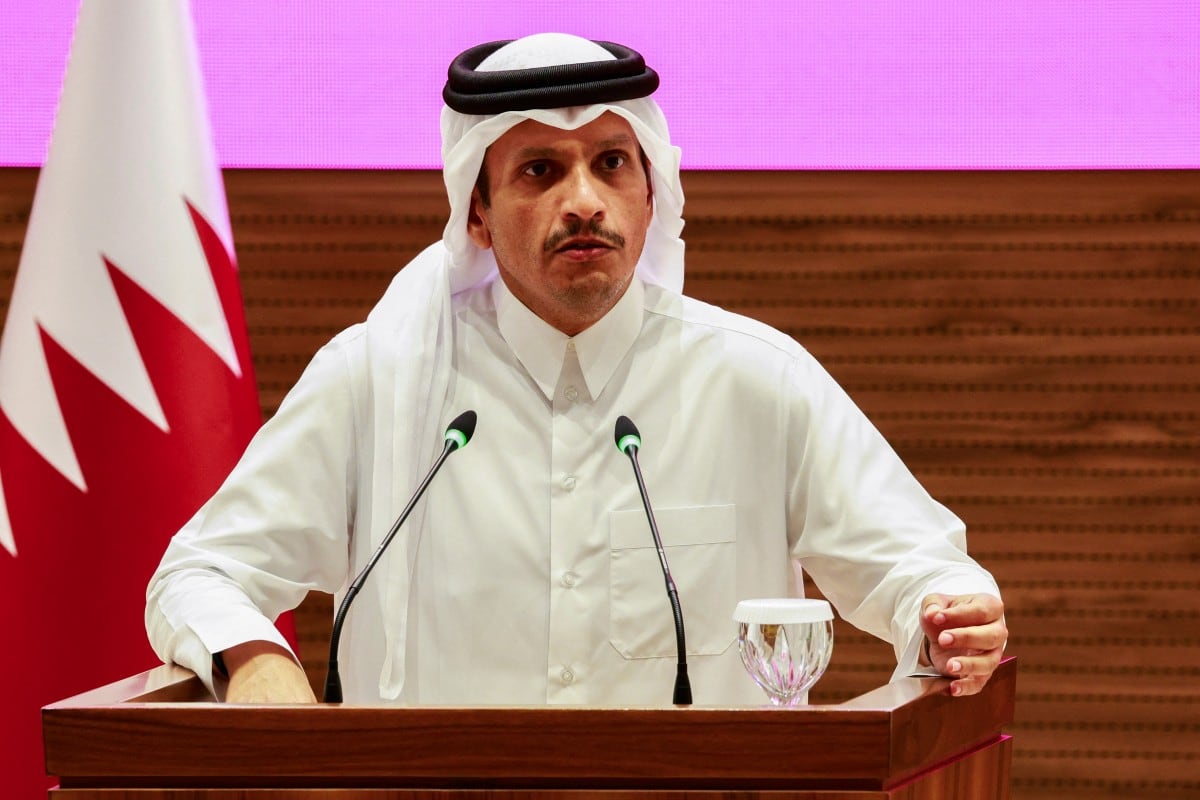 Qatar's Prime Minister and Foreign Minister Mohammed bin Abdulrahman al-Thani addresses a press conference following Israeli strikes in Doha on September 9, 2025. Following the attack, world leaders, including the US President, sharply criticised Israel for targeting of the Palestinian Hamas movement leaders in Qatar, a Western ally which has hosted multiple rounds of Gaza ceasefire talks. (Photo by Karim JAAFAR / AFP)