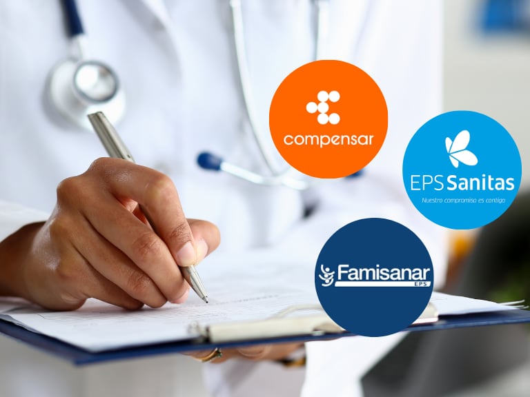 Médico escribiendo receta médica (Getty Images) / Logos de Compensar, Famisanar y EPS Sanitas