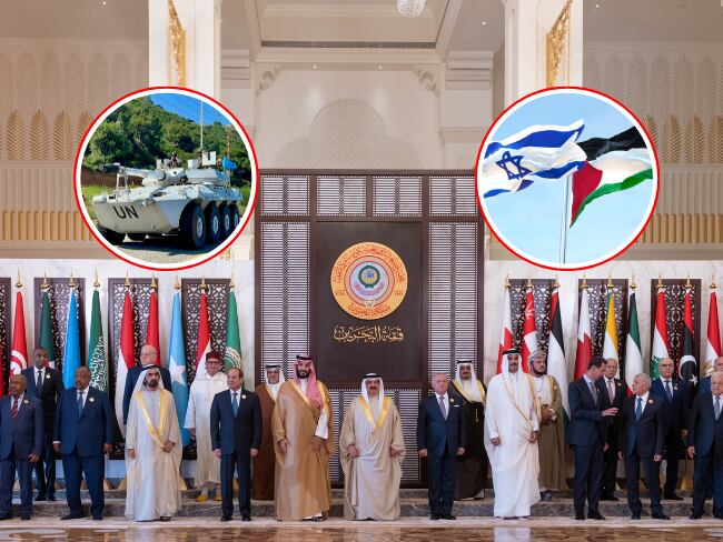 Encuentro #33 de la Liga Árabe. En el círculo izquierdo las tropas de Naciones Unidas y en el círculo derecho las banderas de Israel y Palestina.
(Foto: Getty / Caracol Radio)