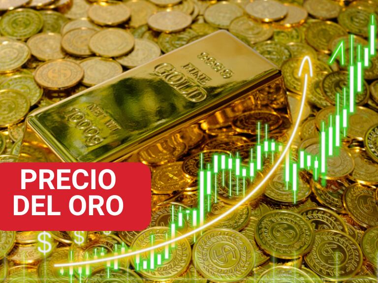 Lingote de oro sobre varias monedas y una gráfica fluctuante hacia arriba (Foto vía Getty Images)