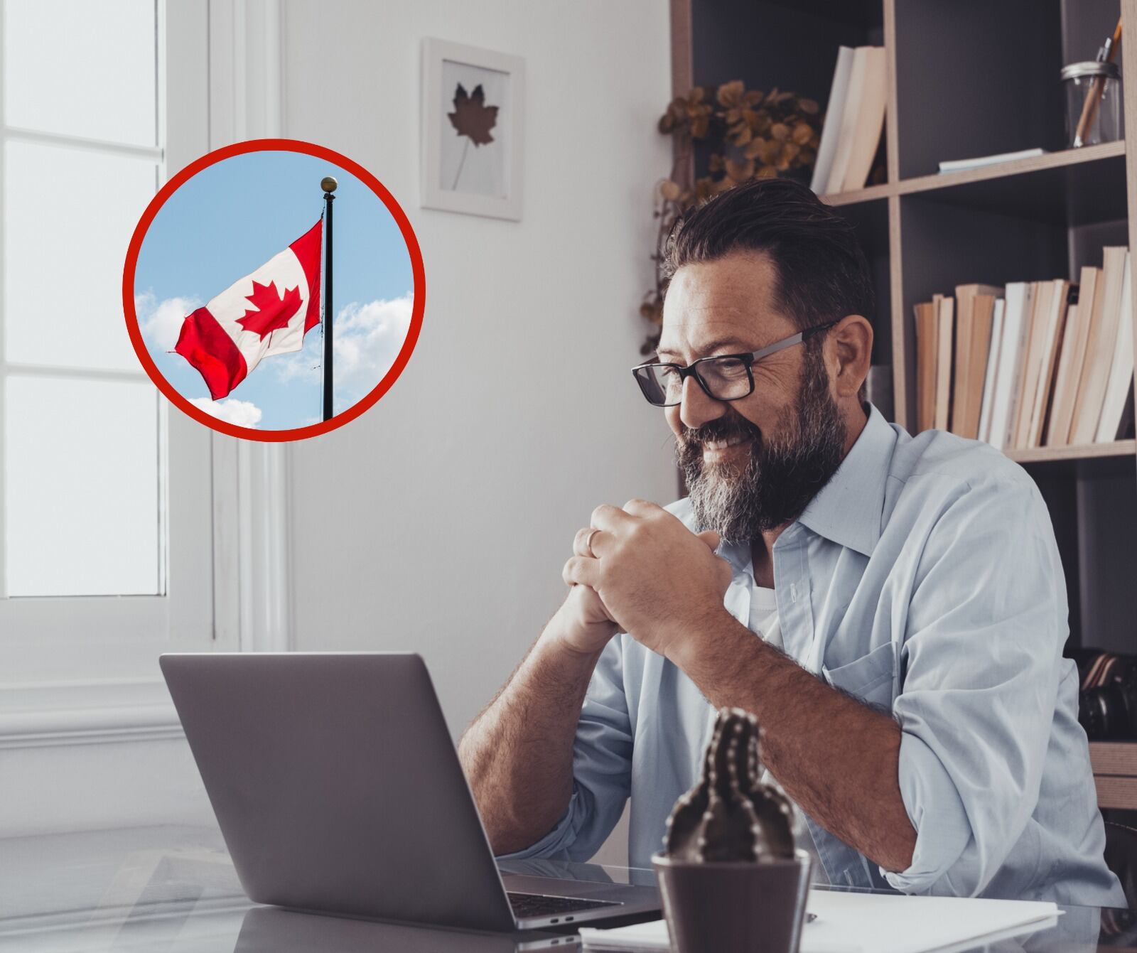 Hombre sentado frente a una computadora y la bandera de Canadá (Fotos vía Getty Images)
