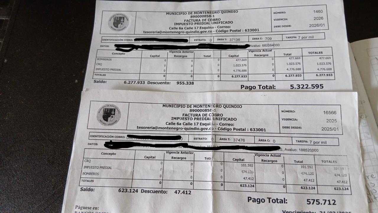 Factura de predial en Montenegro, Quindío. Foto: Cortesía ciudadano afectado