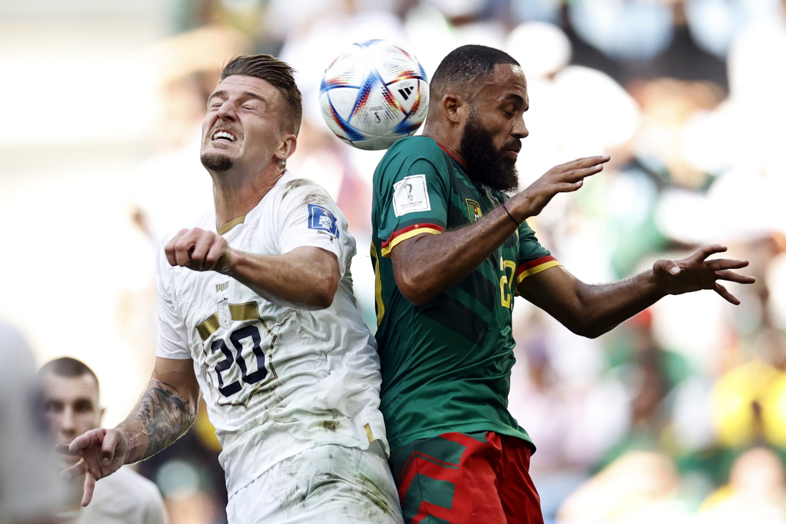 AL WAKRAH - (l-r) Sergej Milinkovic-Savic of Serbia, Bryan Mbeumo of Cameroon during the FIFA World Cup Qatar 2022 group G match between Cameroon and Serbia at Al Janoub Stadium on November 28, 2022 in Al Wakrah, Qatar. AP | Dutch Height | MAURICE OF STONE (Photo by ANP via Getty Images)