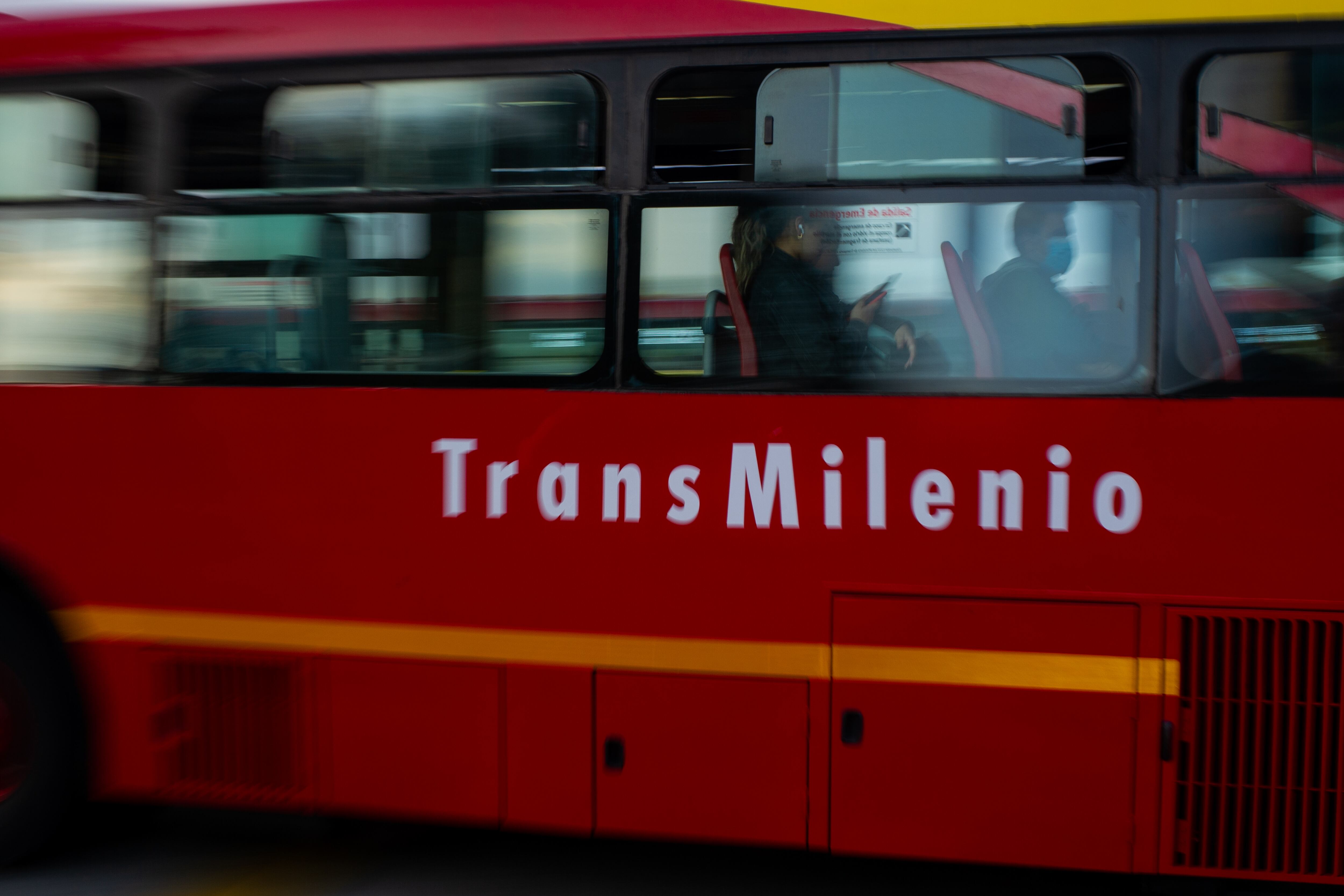 People commute in the bicycles and transmilenio public transport system during the ''No Car Day'' in Bogota, Colombia in which private cars and vehicles including motorcicles are banned to improve the cities air and pollution, on February 2, 2023. (Photo by Sebastian Barros/NurPhoto via Getty Images)