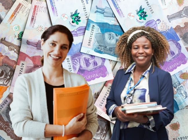 Imagen de referencia. Fondo pesos colombianos - Maestra a punto de entrar a clase (izquierda) - Trabajadora pública (derecha): Getty Images.
