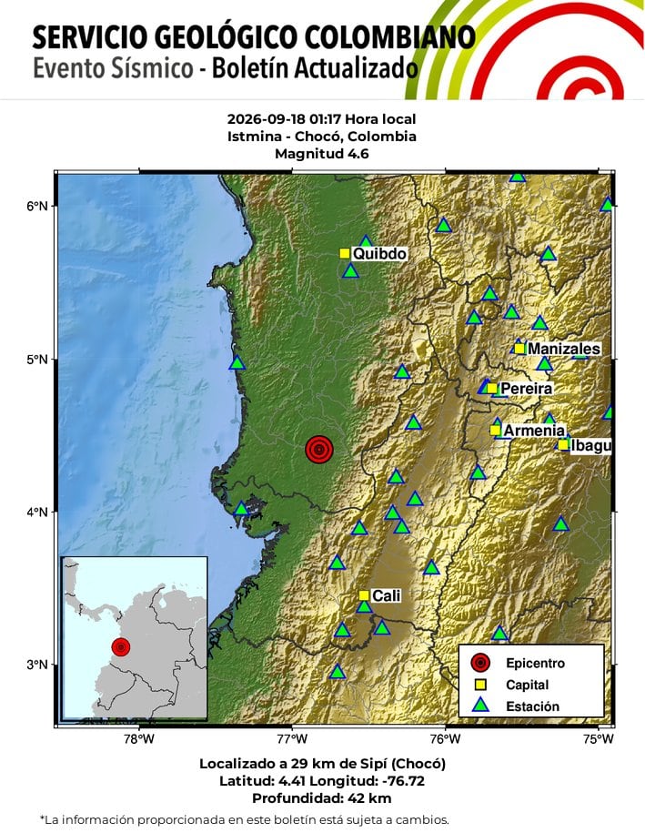 Temblor en la madrugada del 18 de septiembre de 2026 en Chocó. Foto: Servicio Geológico Colombiano