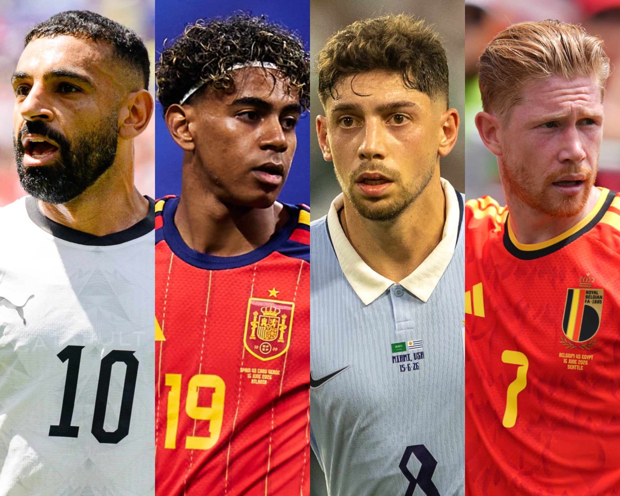 Mohamed Salah, Lamine Yamal, Federico Valverde y Kevin De Bruyne. Fotos: Getty Images.