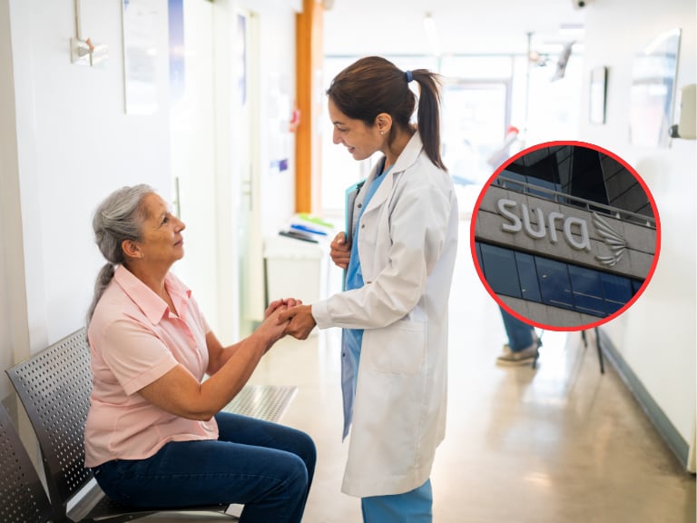 Persona recibiendo atención en salud en un centro médico, de fondo la fachada de la EPS SURA en Colombia (Fotos vía Getty Images y COLPRENSA).