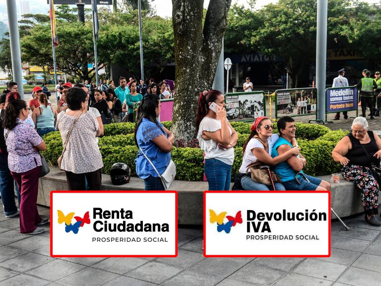 Personas en Medellín haciendo fila; logo Renta Ciudadana y Devolución IVA. (Getty Images, Prosperidad Social)