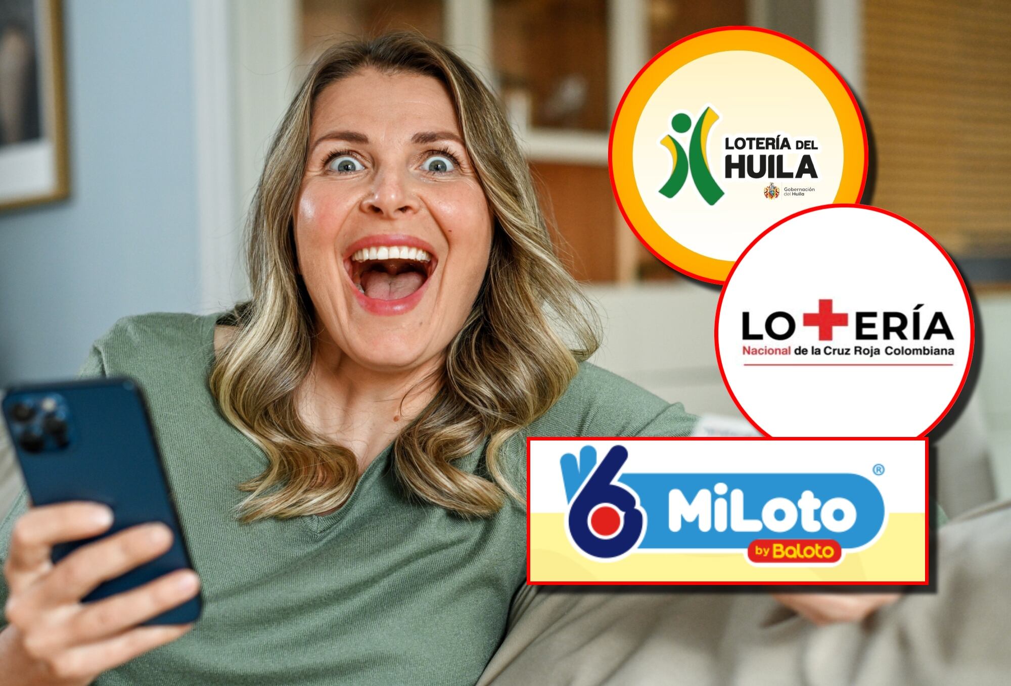 Logos de la Lotería del Huila, de la Cruz Roja y MiLoto. Fotos: Redes sociales loterías del Huila, Cruz Roja y Baloto / Getty Images