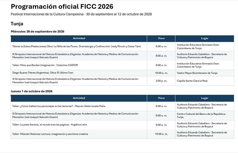 Programación Festival Internacional de la Cultura Campesina 2026.