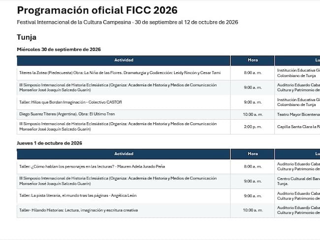 Programación Festival Internacional de la Cultura Campesina 2026.
