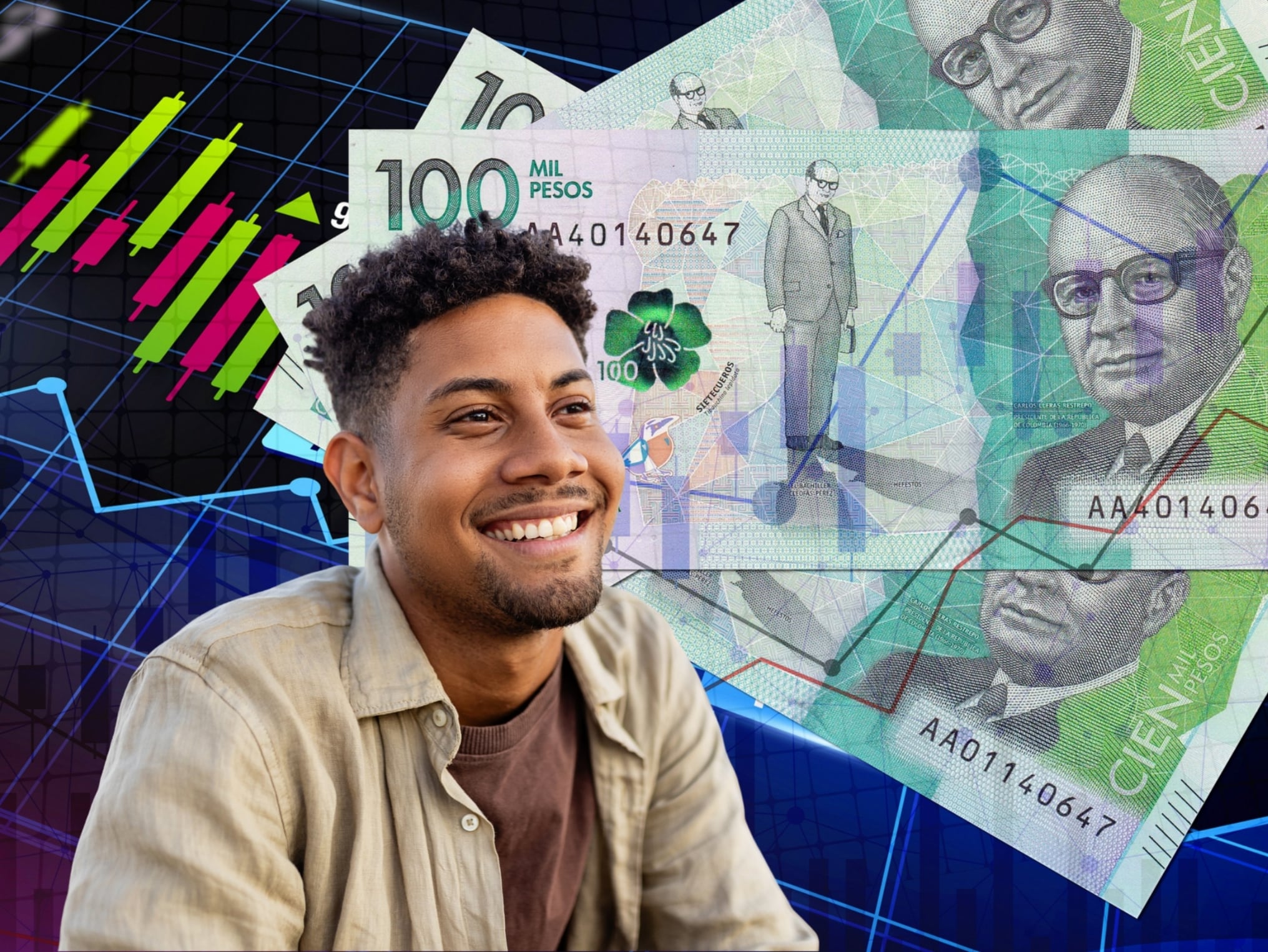 Imagen de referencia de dinero colombiano, representados en billetes de 100 mil pesos. A su lado se encuentran imágenes de estadísticas económicas y una persona sonriendo (Crédito: Getty Images)