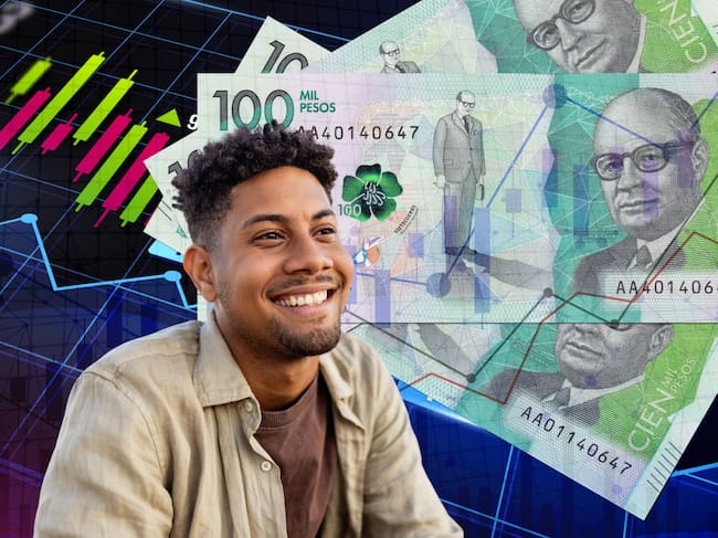 Imagen de referencia de dinero colombiano, representados en billetes de 100 mil pesos. A su lado se encuentran imágenes de estadísticas económicas y una persona sonriendo (Crédito: Getty Images)