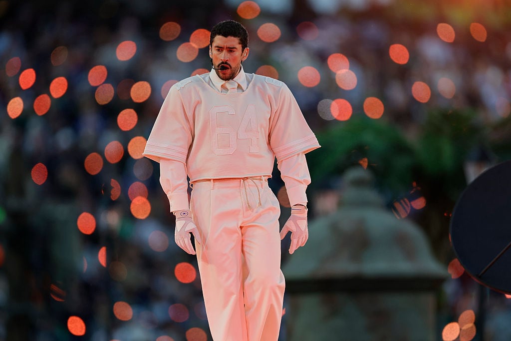 SANTA CLARA, CA - FEBRUARY 08: Bad Bunny performs the halftime show during the Seattle Seahawks versus the New England Patriots Super Bowl LX game on February 8, 2026, at Levi's Stadium in Santa Clara, CA. (Photo by Bob Kupbens/Icon Sportswire via Getty Images)