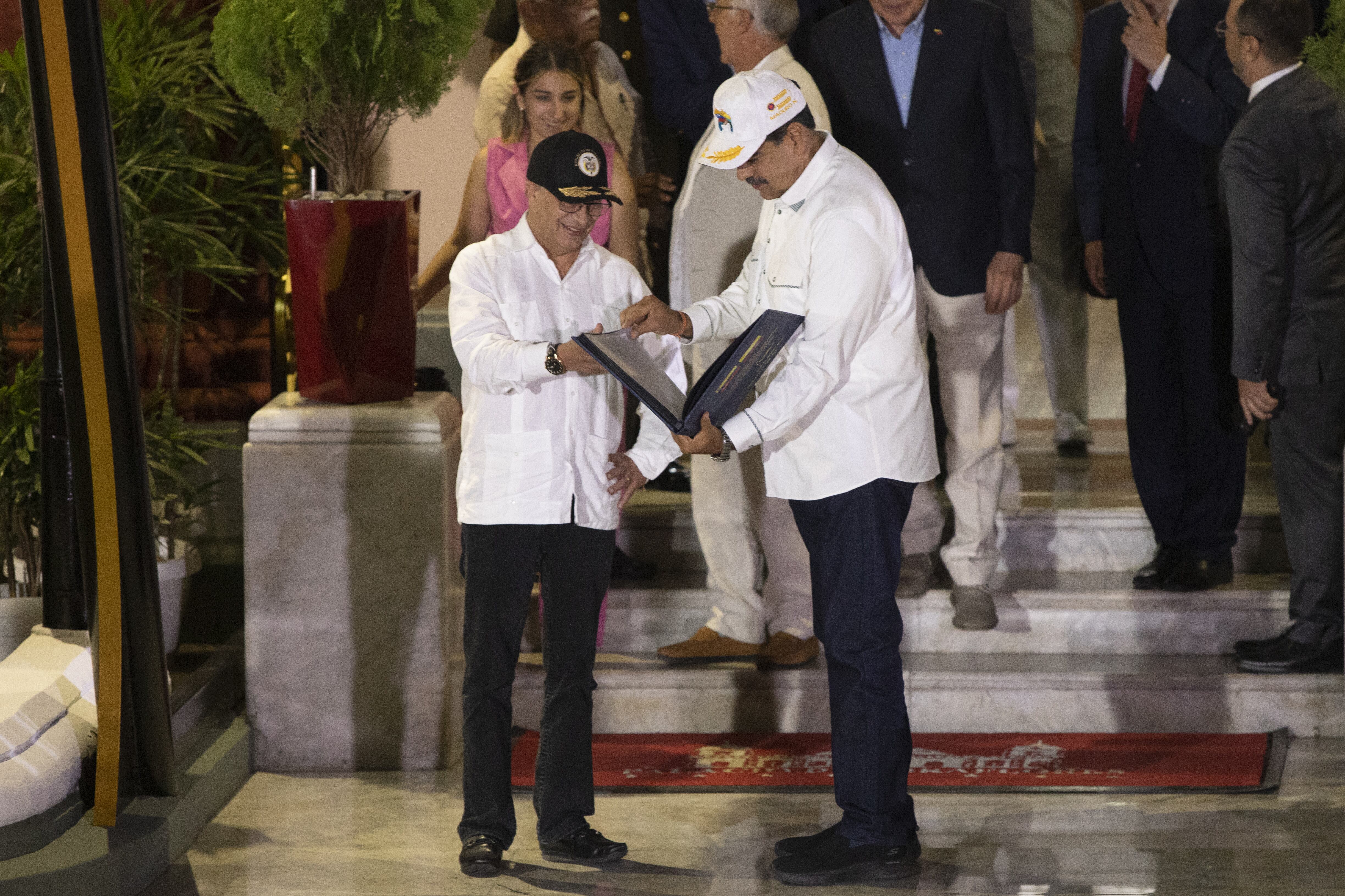CARACAS, VENEZUELA - APRIL 09: Venezuelan President Nicolas Maduro (R) and Colombian President Gustavo Petro (L) hold a joint press conference at Miraflores Presidential Palace in Caracas, Venezuela on April 09, 2024. (Photo by Pedro Rances Mattey/Anadolu via Getty Images)