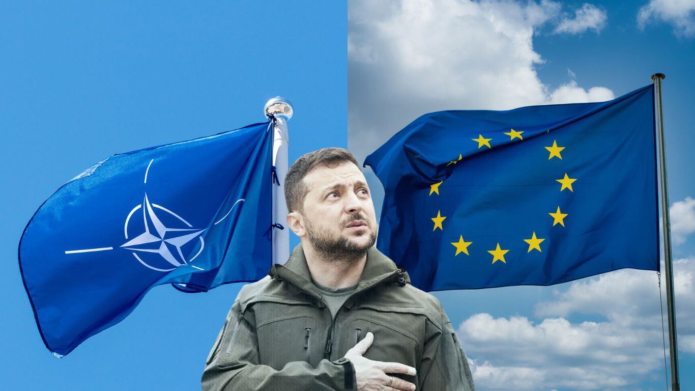 Presidente de Ucrania, Volodimir Zelenski junto a las banderas de la OTAN y la Unión Europea. Diseño: Sebastián Montes.