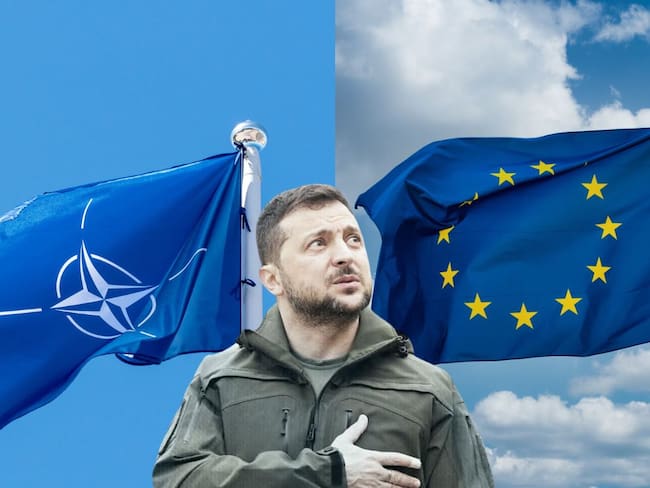 Presidente de Ucrania, Volodimir Zelenski junto a las banderas de la OTAN y la Unión Europea.  Diseño: Sebastián Montes.