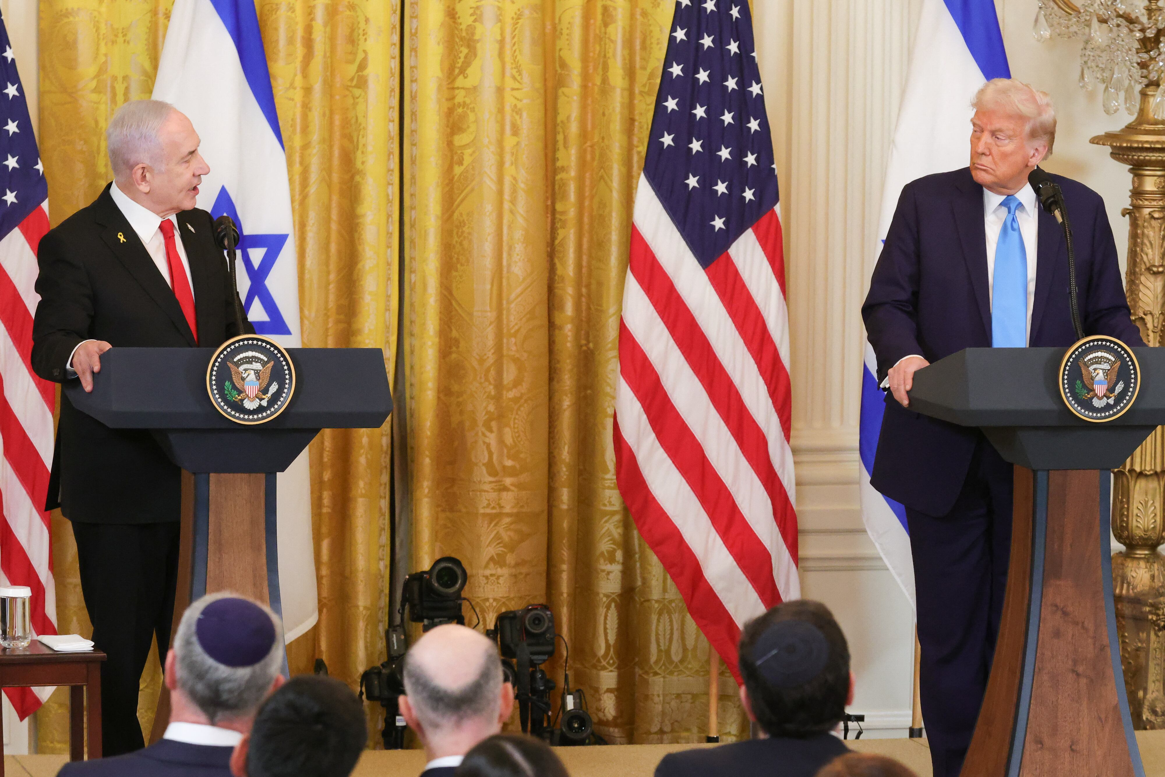 Israeli Prime Minister Benjamin Netanyahu and U.S. President Donald Trump hold a press conference in the East Room of the White House in Washington, D.C. on February 4, 2025. (Photo by Bryan Dozier / Middle East Images / Middle East Images via AFP) (Photo by BRYAN DOZIER/Middle East Images/AFP via Getty Images)          