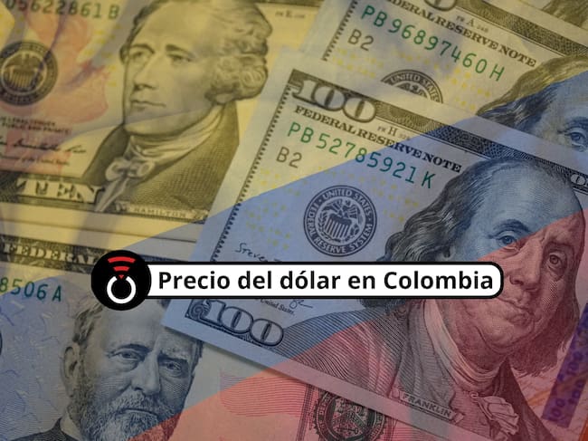 De fondo: Imágenes de los diferentes billetes de dólares norteamericanos. Sobre estos hay una imagen translúcida de la bandera de Colombia (Crédito: Getty Images)