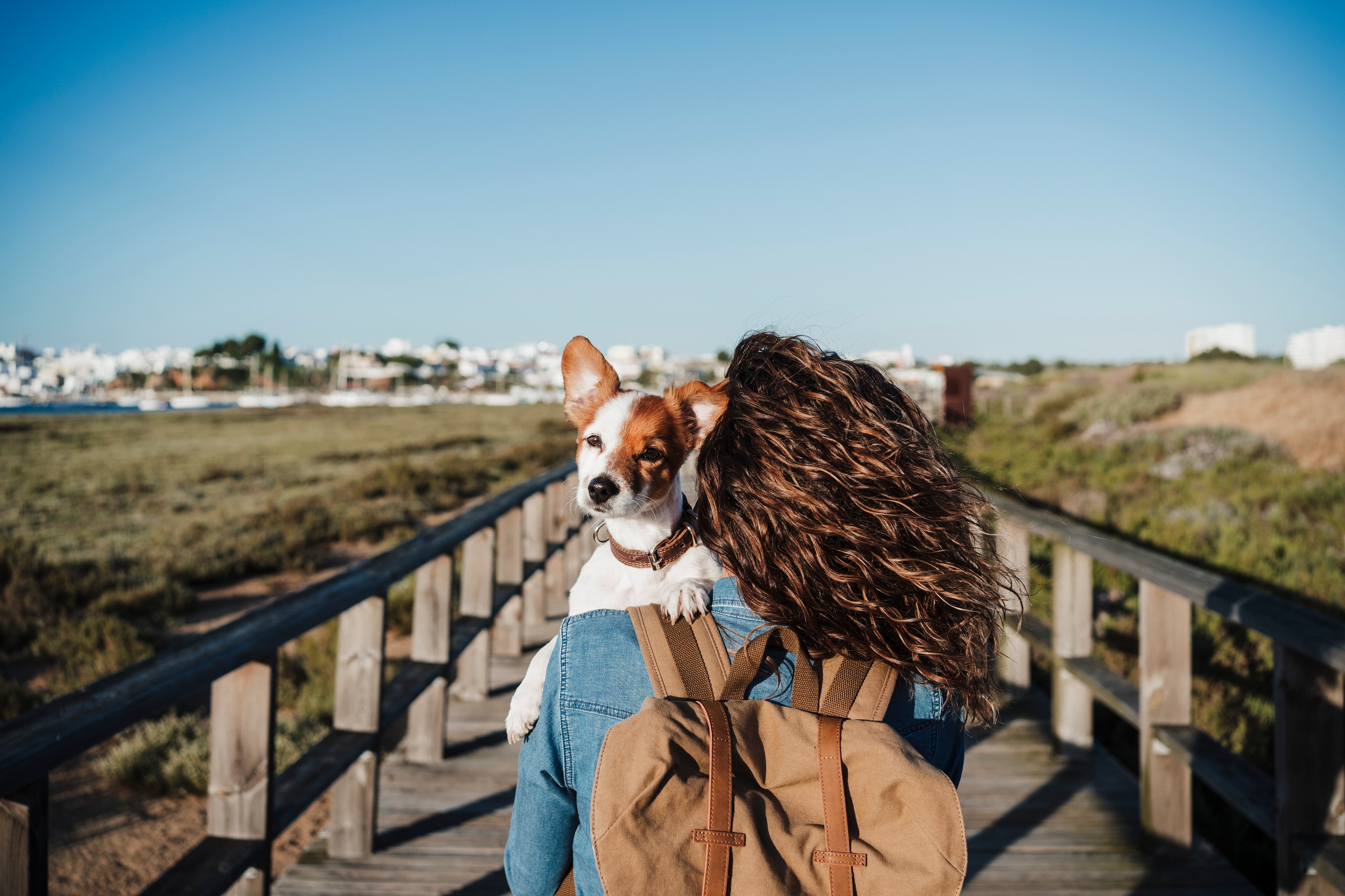 Mujer con perro en brazos  cruzando un puente (Getty Images)