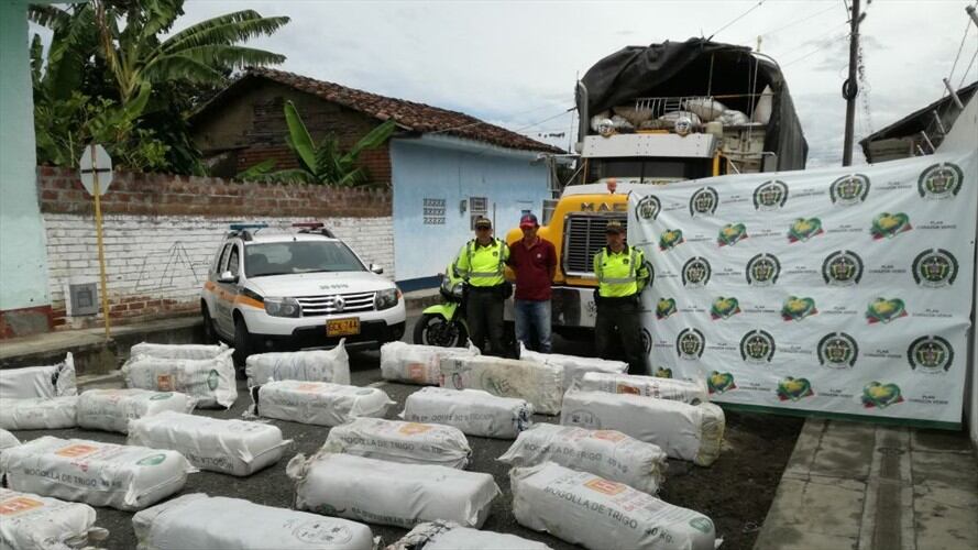 Las autoridades incautaron 1.200 kilos de marihuana que era transportada en un tractocamión. Foto: Policía Valle del Cauca