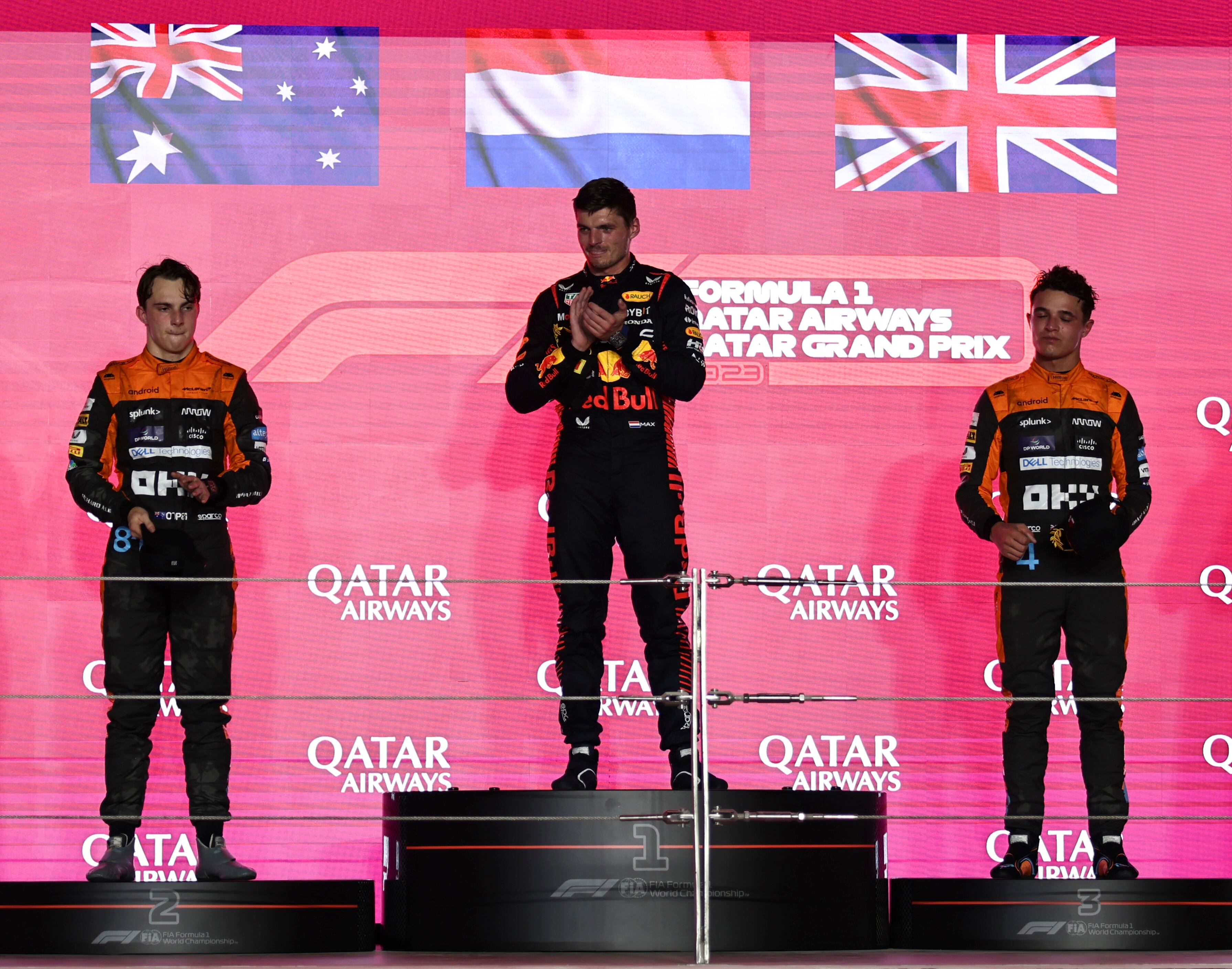 Max Verstappen, Oscar Piastri y Lando Norris en el podio del GP de Qatar 2023. (Photo by Qian Jun/MB Media/Getty Images)