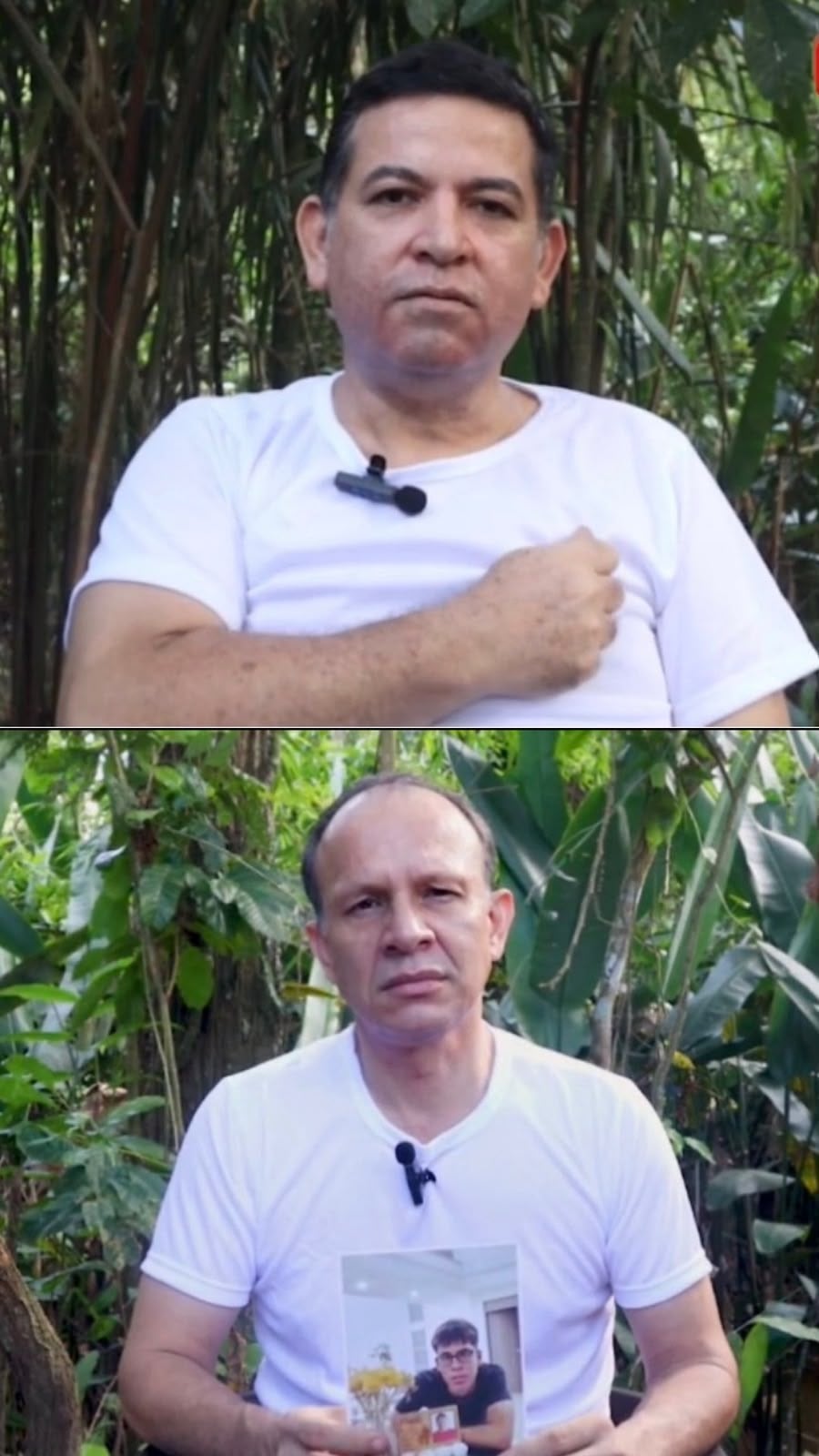 Jesús Antonio Pacheco (arriba) y Rodrigo Antonio López Estrada (abajo), secuestrados por el ELN el 8 de mayo de 2025. Foto: tomada de las pruebas de supervivencia conocidas por Caracol Radio.