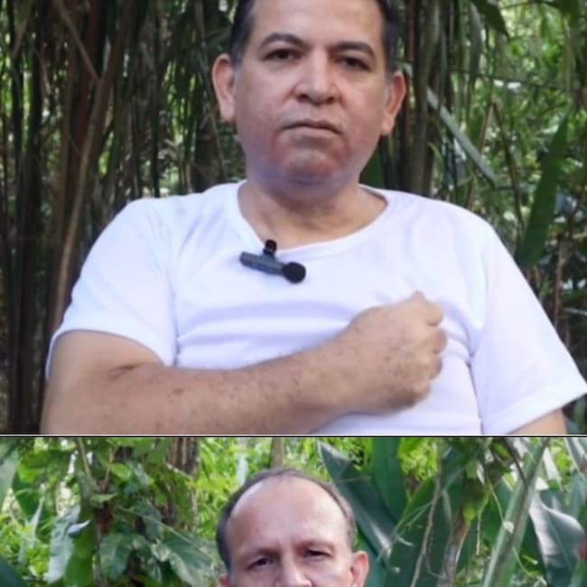 Jesús Antonio Pacheco (arriba) y Rodrigo Antonio López Estrada (abajo), secuestrados por el ELN el 8 de mayo de 2025. Foto: tomada de las pruebas de supervivencia conocidas por Caracol Radio.