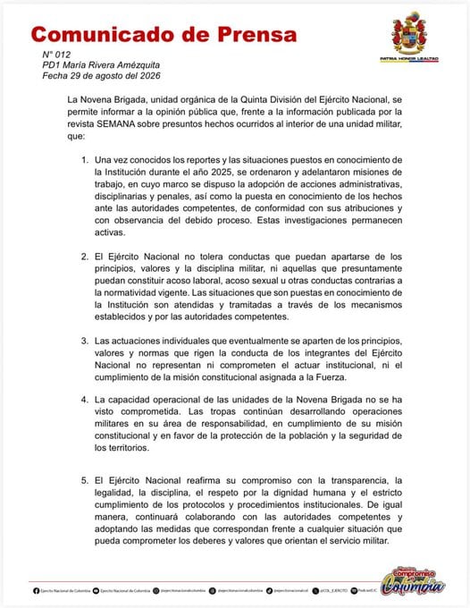 Comunicado emitido por la Novena Brigada del Ejército en referencia al escándalo. Foto Redes Sociales 