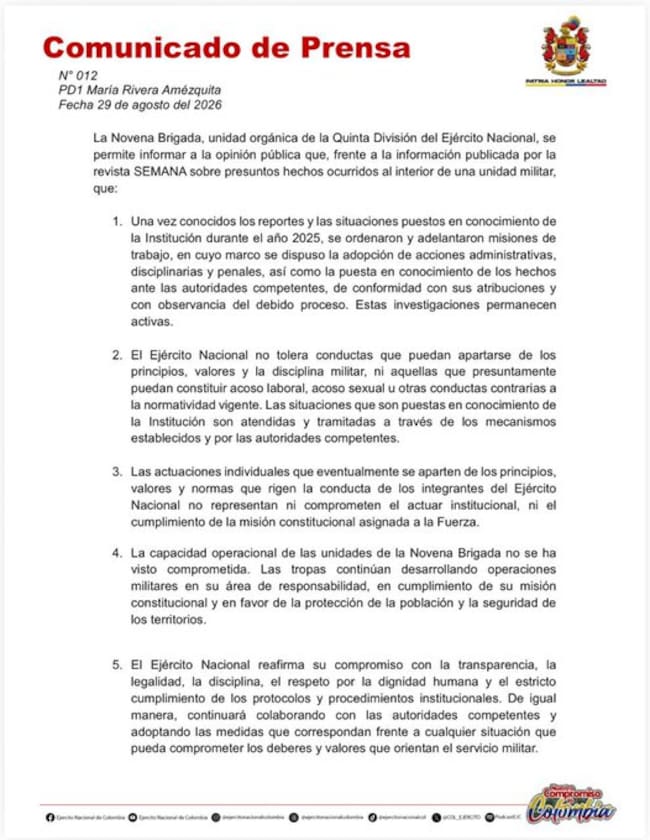 Comunicado emitido por la Novena Brigada del Ejército en referencia al escándalo. Foto Redes Sociales