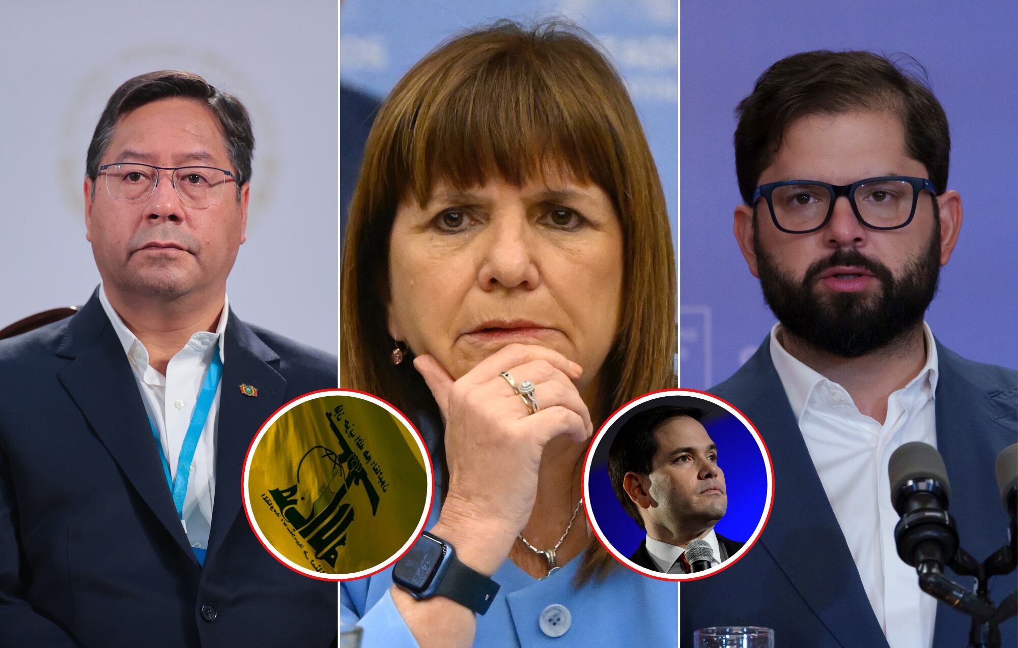 El presidente de Bolivia, Luis Arce (i), la ministra de Seguridad de Argentina, Patricia Bullrich (c), el presidente de Chile, Gabriel Boric (d) y en los círculos la bandera de Hezbolá (i) y el senador demócrata Marco Rubio (d).
(Foto: Getty / Caracol Radio)