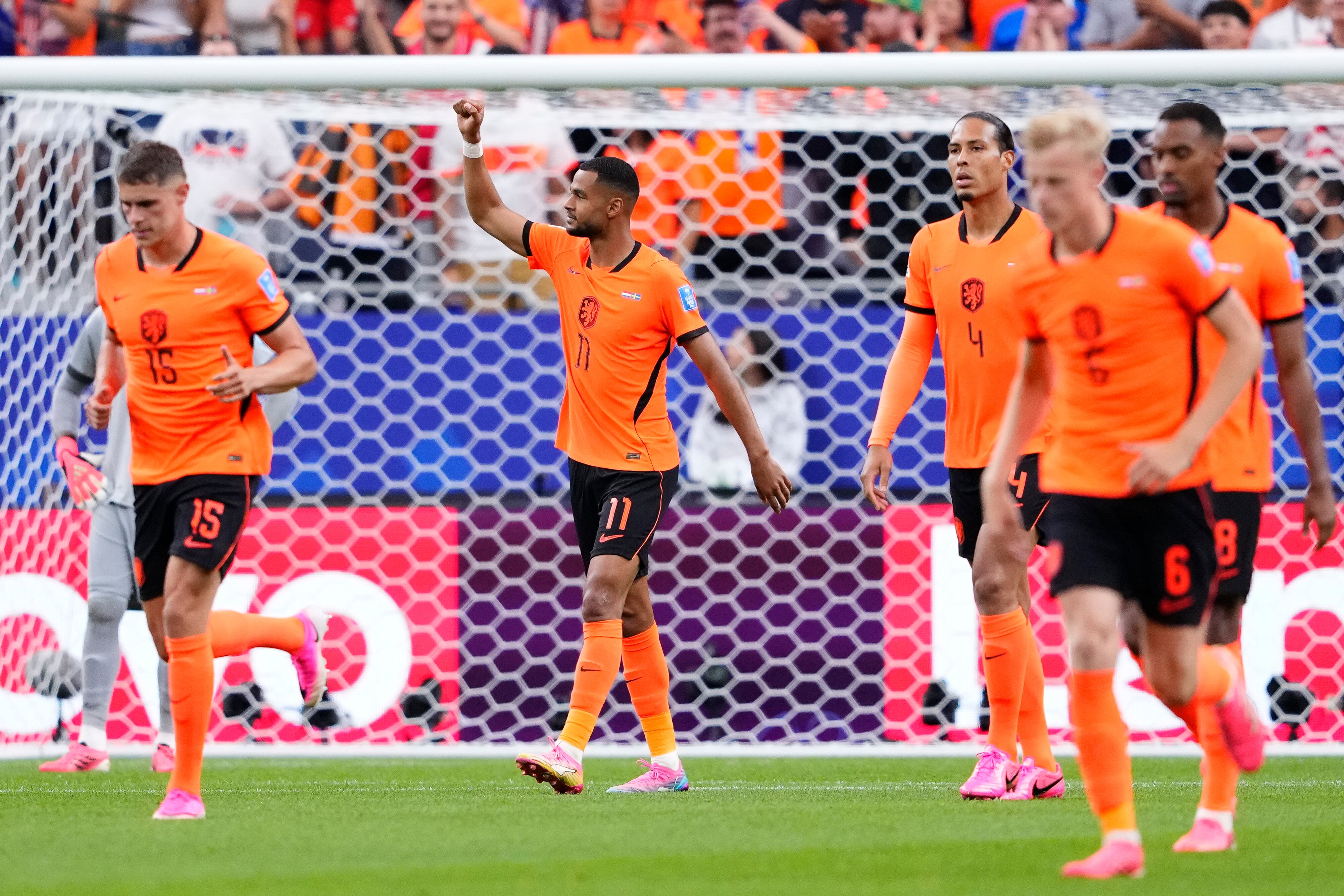 Cody Gakpo of Netherlands celebrates after scoring his team's third goal during the FIFA World Cup 2026 Group F match between Netherlands and Sweden at Houston Stadium on June 20, 2026 in Houston, United States. (Photo by Jose Breton/Pics Action/NurPhoto via Getty Images)