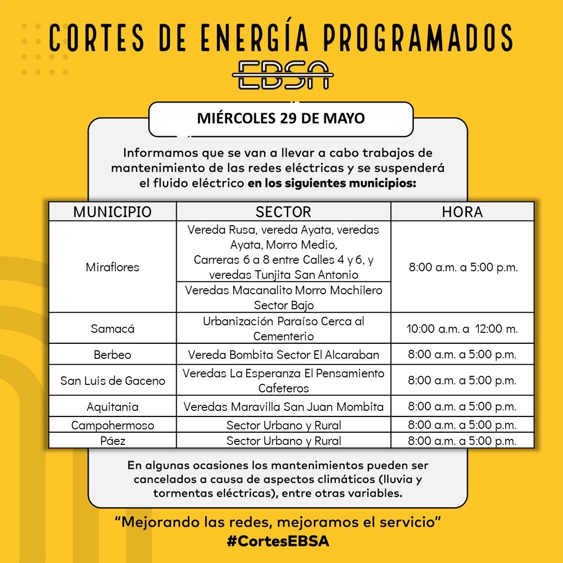 Tenga en cuenta los cortes de energía el miércoles 29 de mayo en Boyacá donde7 municipios tendrán cortes desde las primeras horas de la mañana