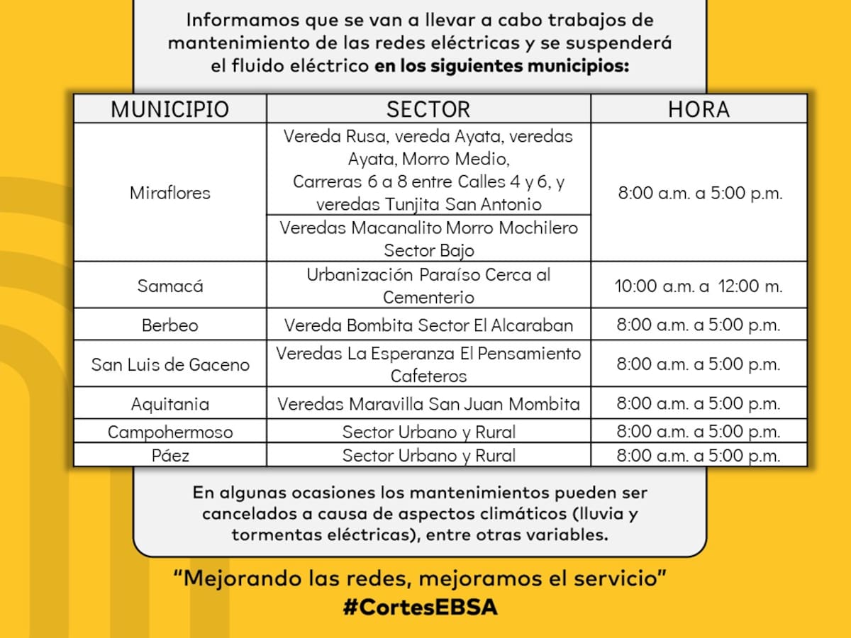Tenga en cuenta los cortes de energía el miércoles 29 de mayo en Boyacá