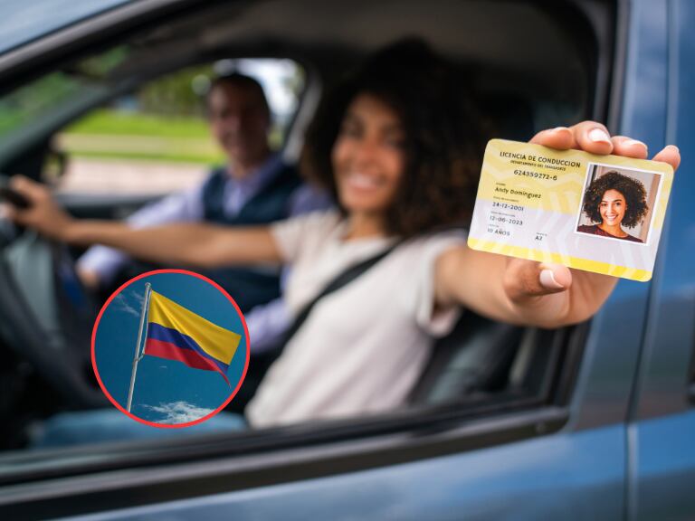 Mujer presentando la licencia de conducir y de fondo una bandera de Colombia (Fotos vía Getty Images)