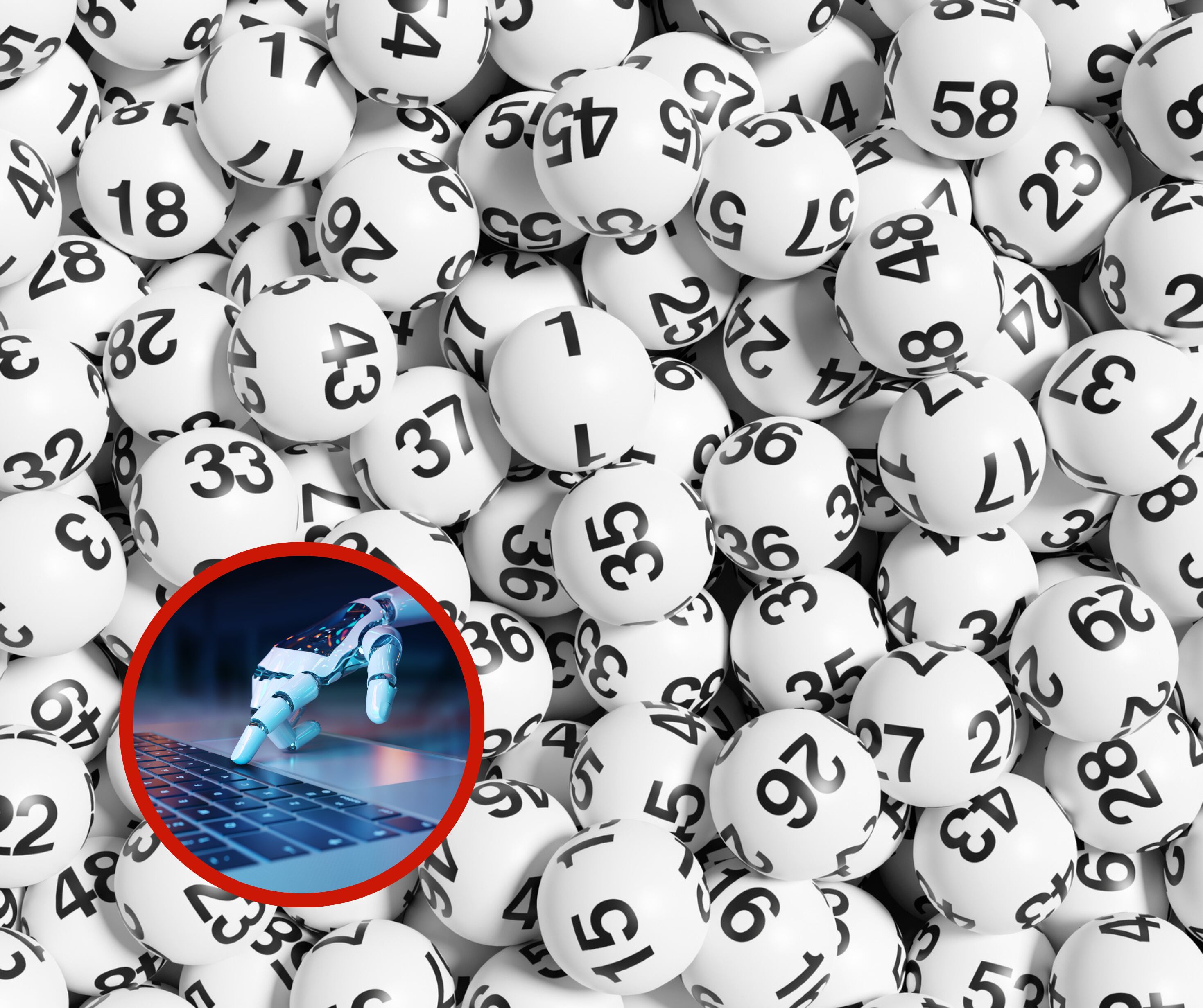 Pelotas de lotería revueltas e imagen de la mano de un robot (Getty Images)