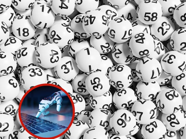 Pelotas de lotería revueltas e imagen de la mano de un robot (Getty Images)