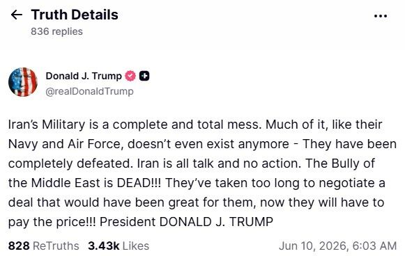 Publicación de Donald Trump en Truth Social