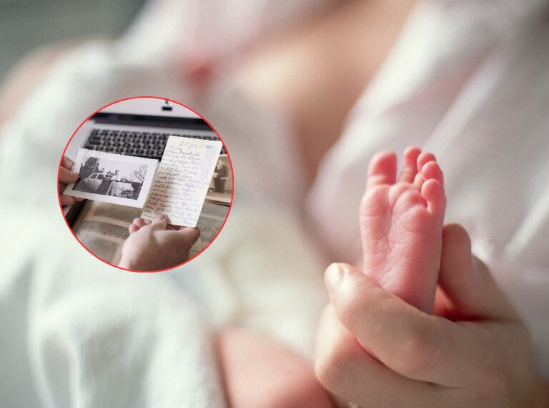 Bebé recién nacido con su mamá / Mujer revisando fotografías viejas de su familia (Getty Images)